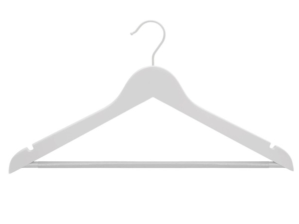 Weißer Kleiderbügel mit Steg, 44 cm breit mit Rockkerben