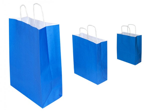 Papiertragetaschen blau 100g/qm mit stabilem Kordelgriff in 3 verschiedenen Größen verfügbar