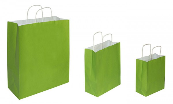 Papiertragetaschen grün, 90 g/qm, mit sehr stabilem Kordelgriff in 3 versch. Größen erhältlich