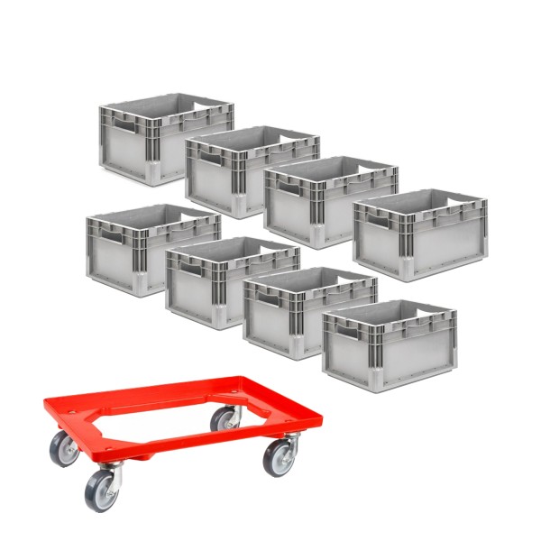 8er Set EuroBox grau und sehr robust inkl. rotem Transportroller mit hoher Traglast