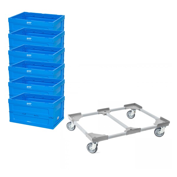 Blaue Faltboxen 6er Set mit Transportroller