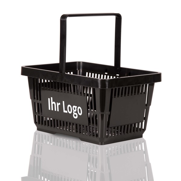 Schwarzer Einkaufskorb aus robustem Kunststoff mit Logo Aufdruck, personalisierter Einkaufskorb