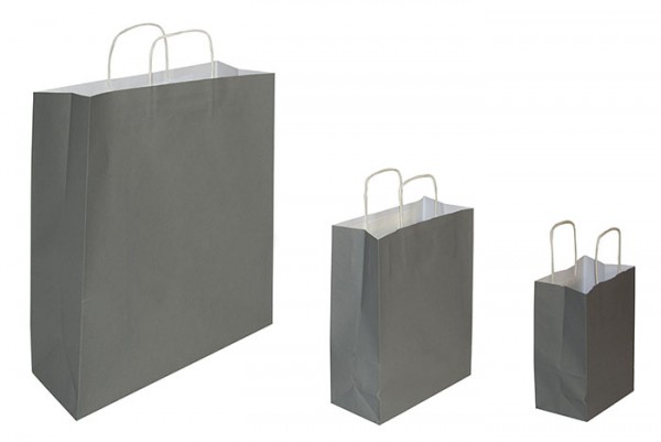 Papiertragetaschen grau 100g/qm mit stabilem Kordelgriff in 3 verschiedenen Größen verfügbar