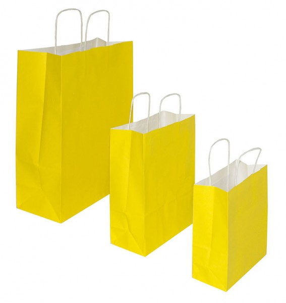 Papiertragetaschen gelb 100g/qm mit stabilem Kordelgriff in 3 verschiedenen Größen verfügbar