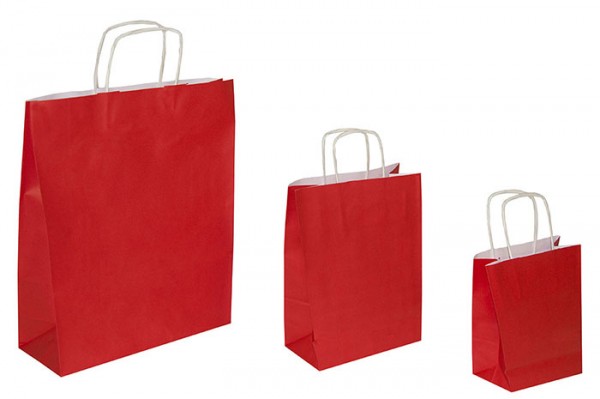 Papiertragetaschen rot 100g/qm mit stabilem Kordelgriff in 3 verschiedenen Größen verfügbar