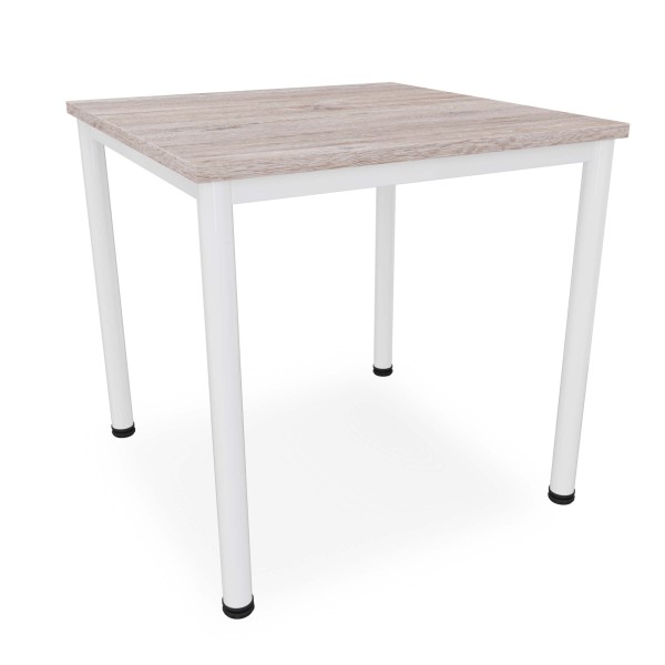 Schreibtisch mit weißem Gestell und runden Beinen in Eiche modern, 80x80 cm